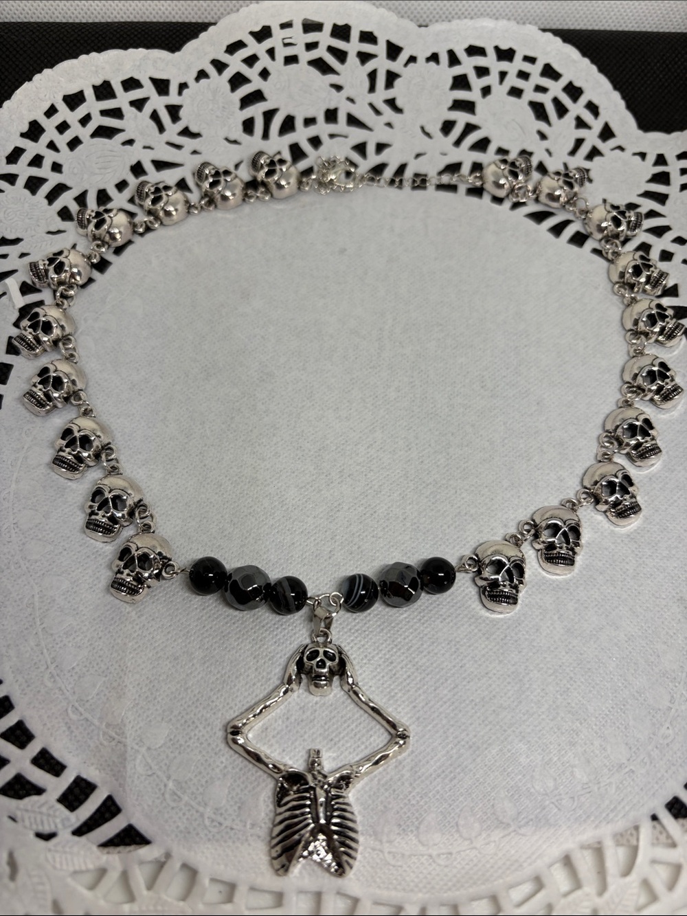 Handmade Dark Romantic Articulated Skull Necklace Black Agate Goth Statement